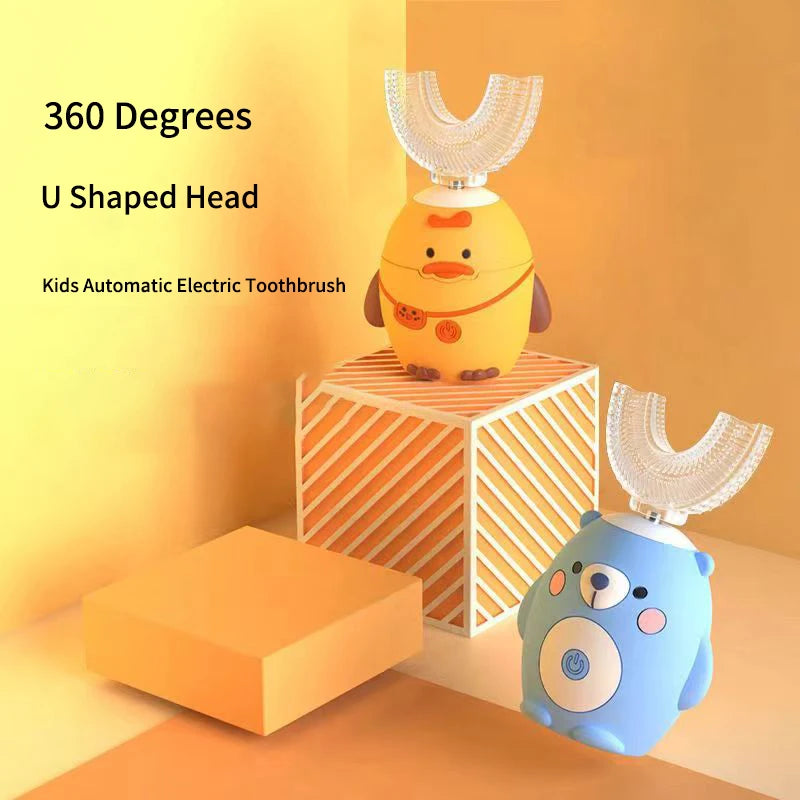 Escova de dentes elétrica para crianças 360º formato em U com temporizador inteligente, recarregável
