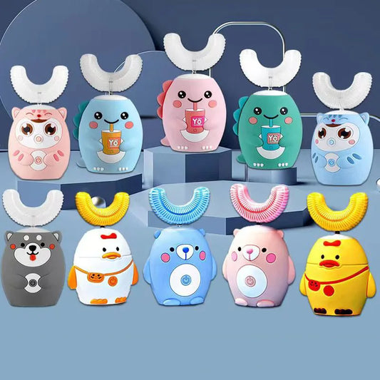 Escova de dentes elétrica para crianças 360º formato em U com temporizador inteligente, recarregável